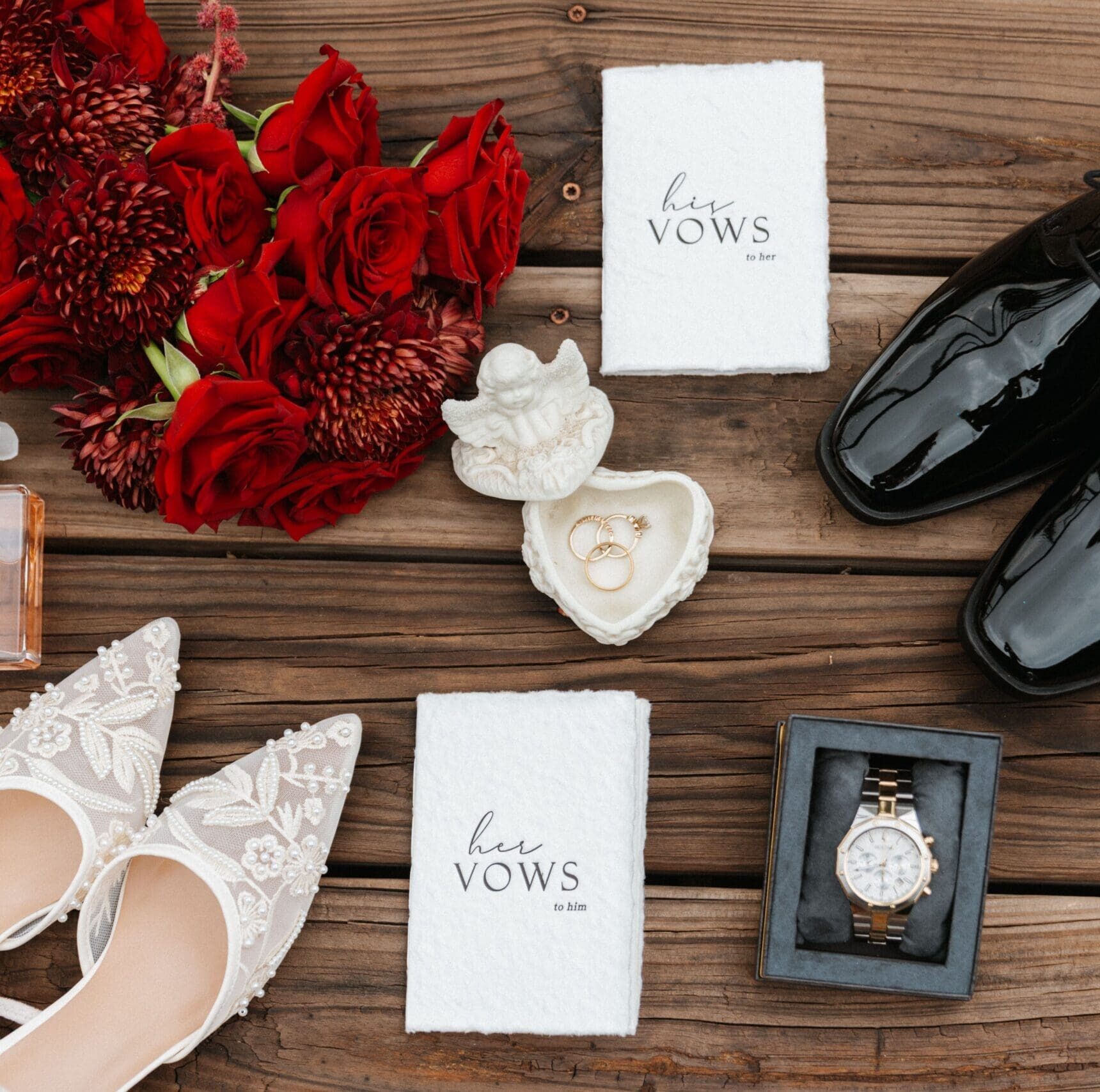 Wedding details- shoes, vow books, flowers, rings